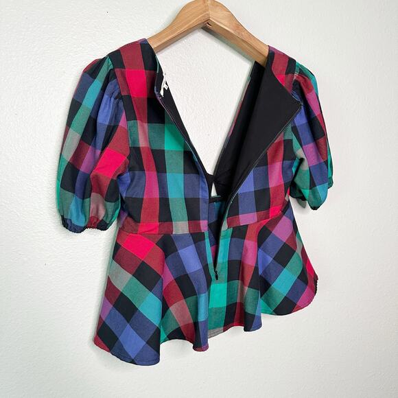Tularosa Otis Black Multi Plaid Cropped Plunge Neckline Top women’s size small - Picture 11 of 14